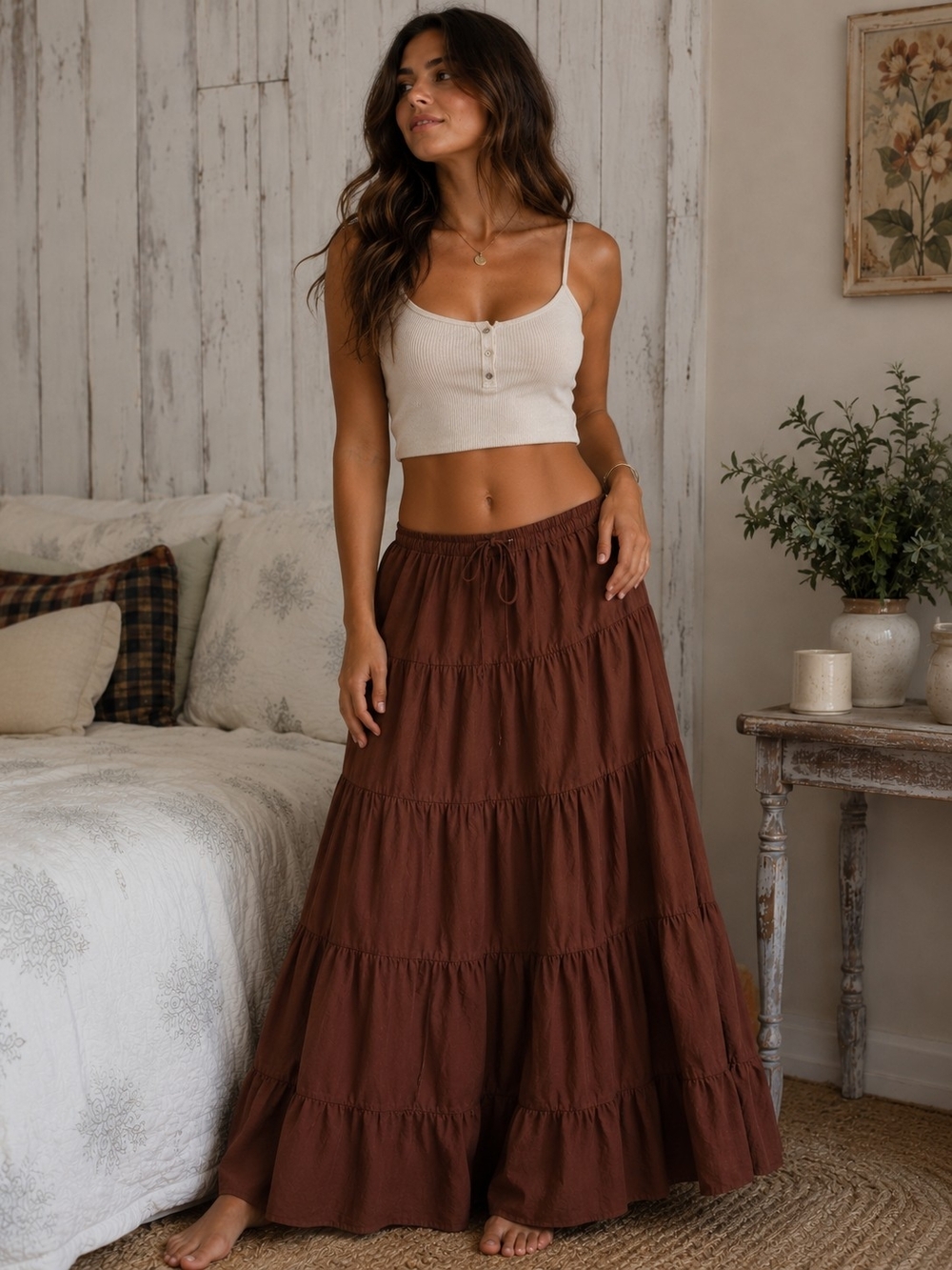 Zara Chocolate Brown Tiered Maxi Skirt BOHO